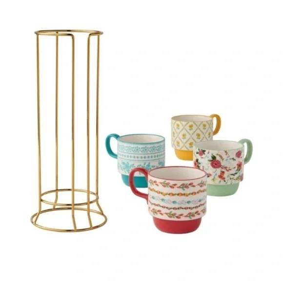 The Pioneer Woman Ditsy with 4 Stacking Stoneware Mugs, with storage rack - Picture 3 of 8